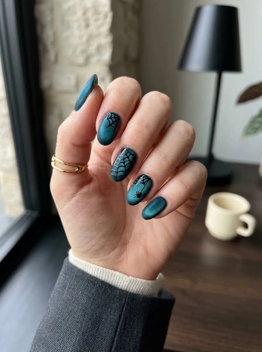 Teal blue cat-eye nails with black spider web designs and a small spider