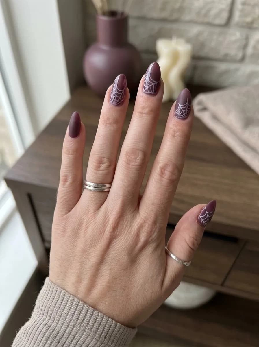 Matte deep plum almond nails with white spider web designs