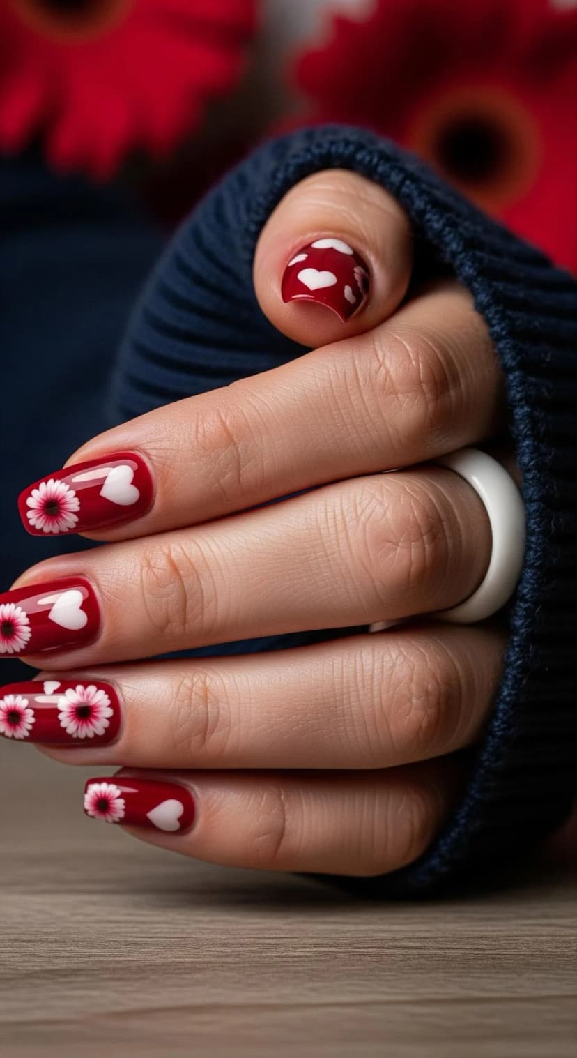 Red Floral Heart Nails