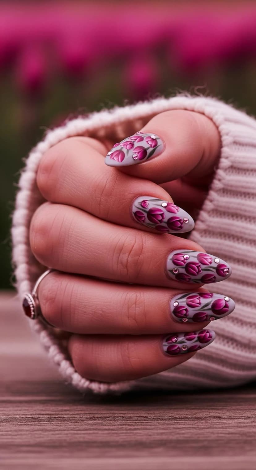 Grey Floral Print Almond Nails
