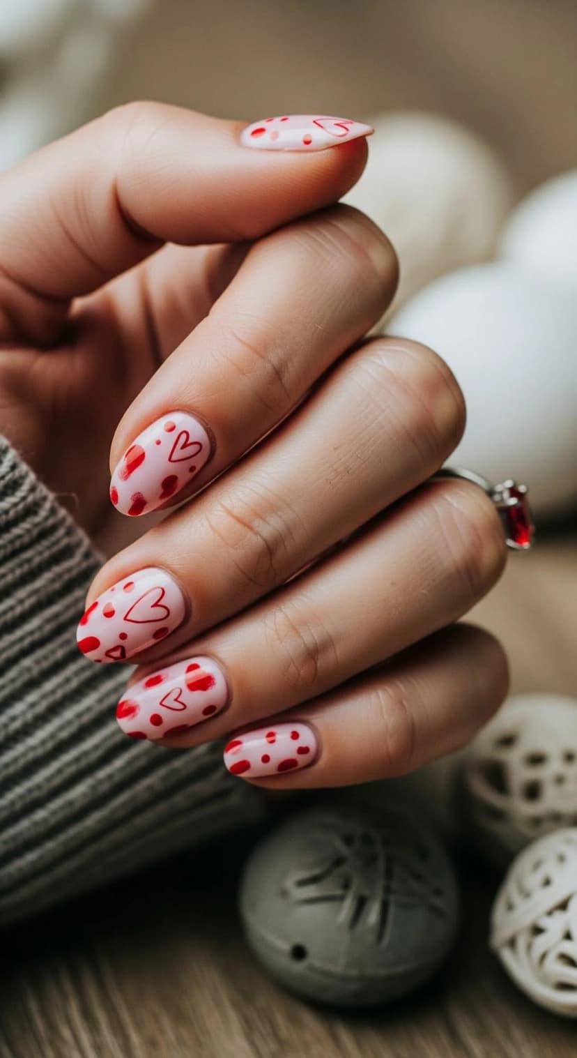Pale Pink Nails + Red Hearts