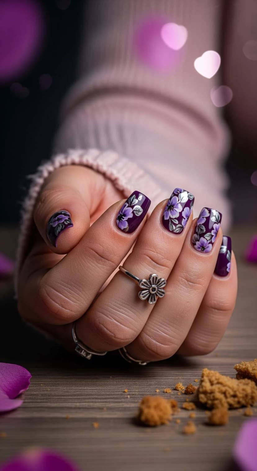 Deep Plum Floral Nails