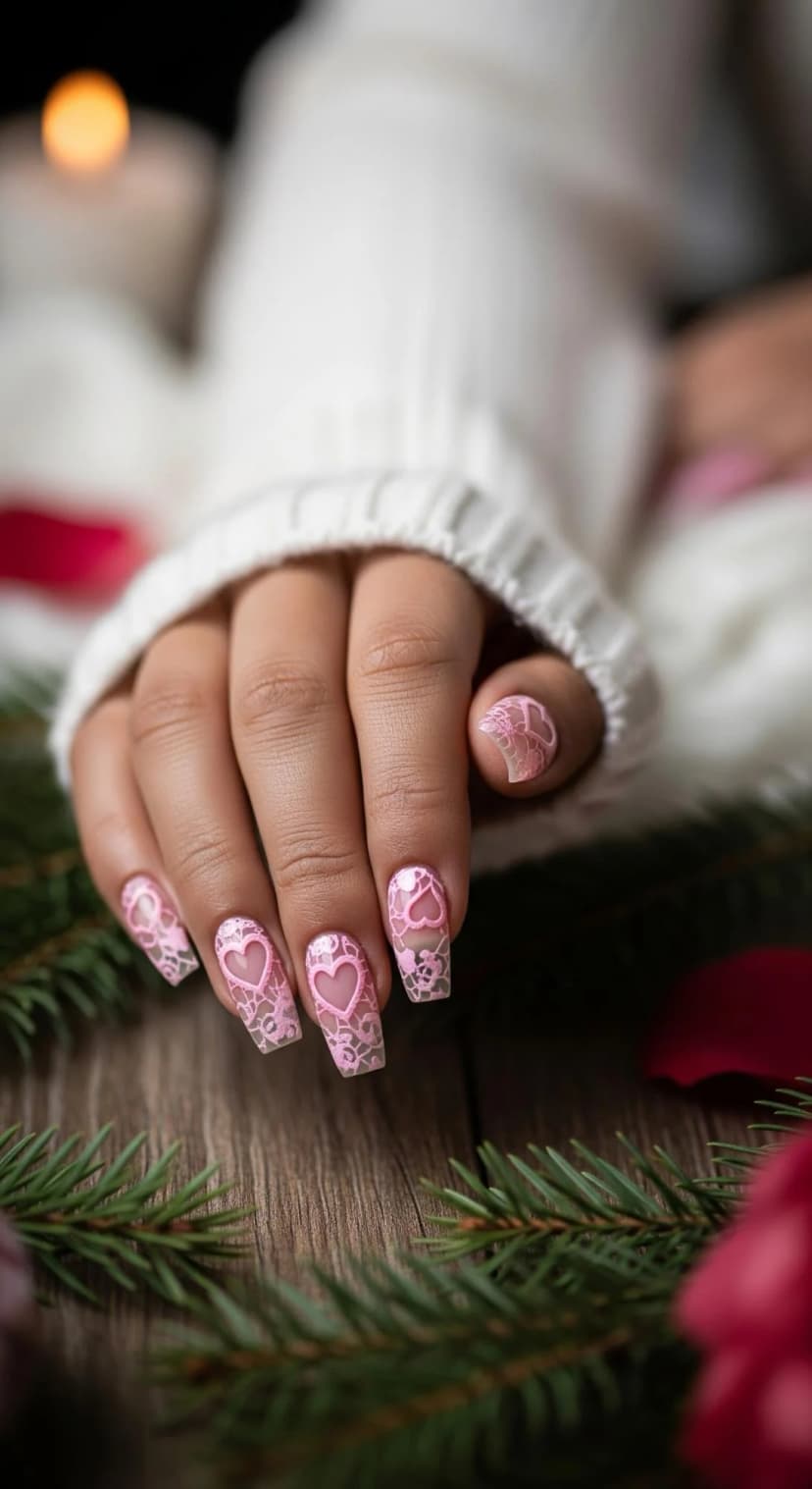 Pink Lace Heart Nails