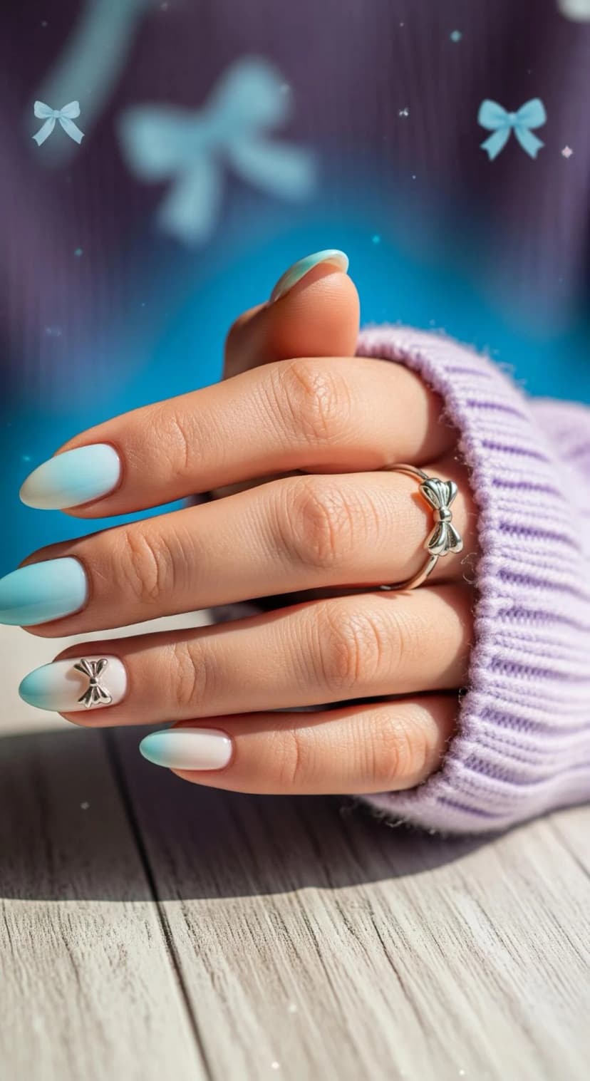 Powder Blue Ombre French Tip + Bow Accent