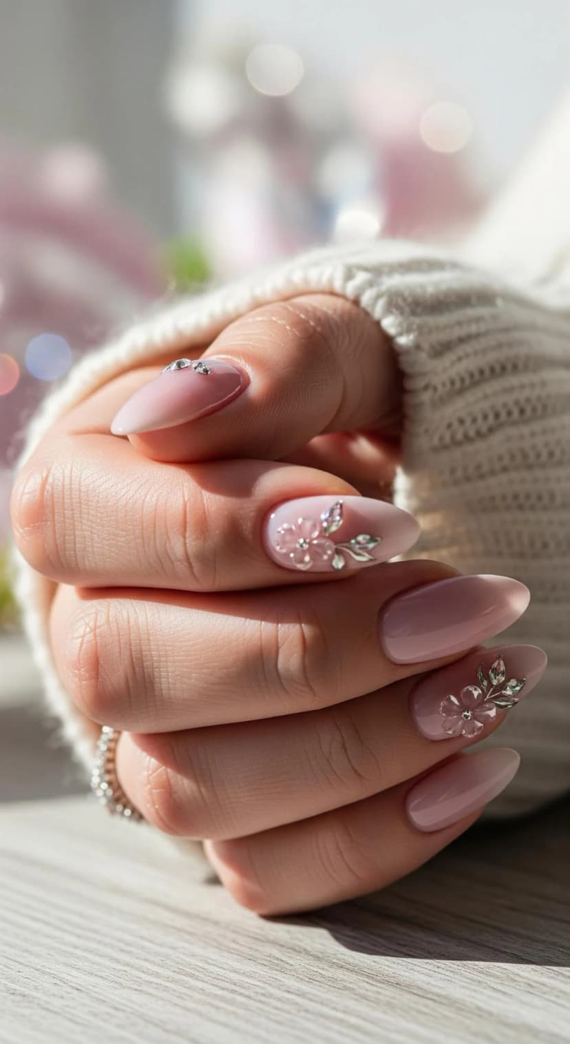 Pale Pink Almond + Rhinestone Floral Accents