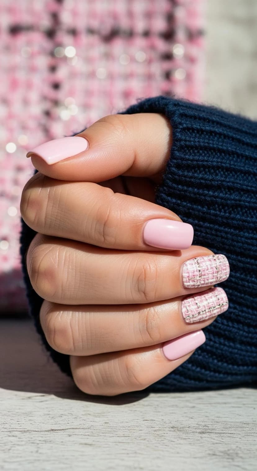 Soft Pink Almond Nails + Tweed Accent