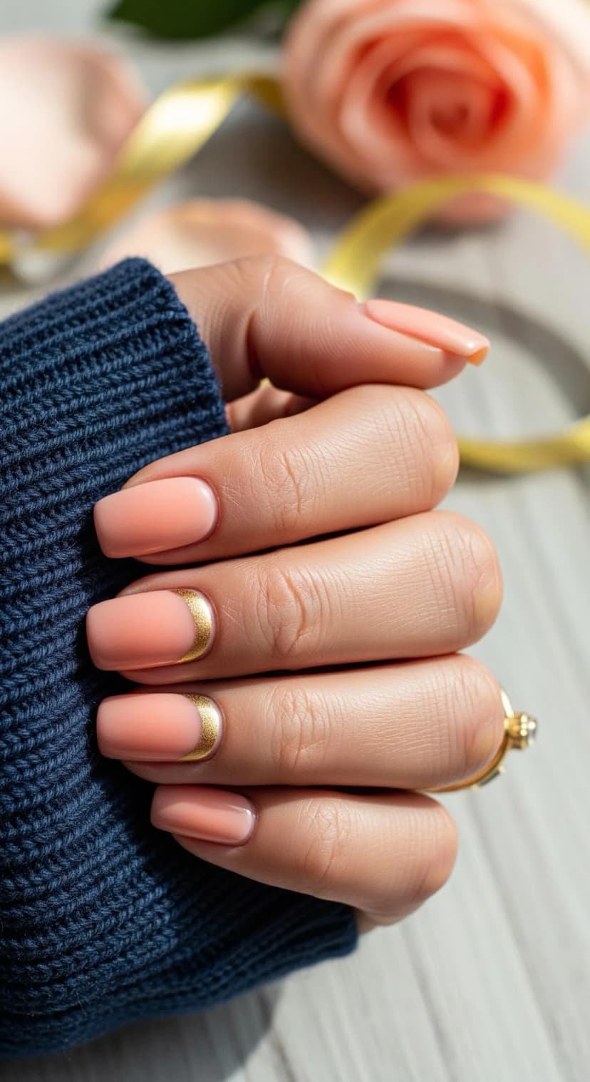 Coral French Tip + Gold Crescent Accent