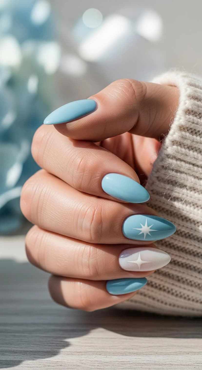 Sky Blue Starburst Almond Nails