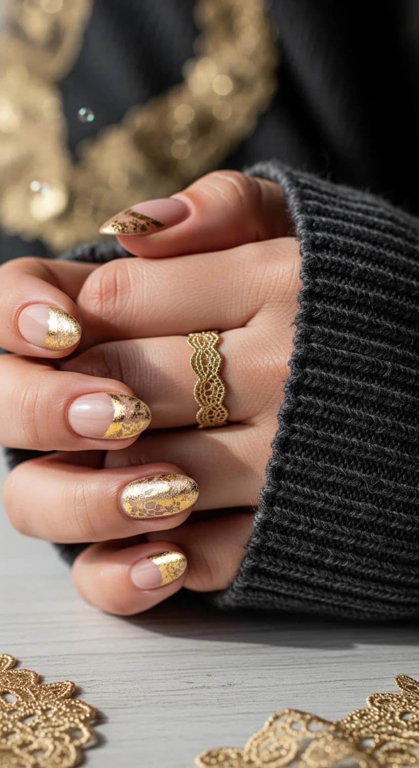 Nude French Tip + Gold Leaf Accents