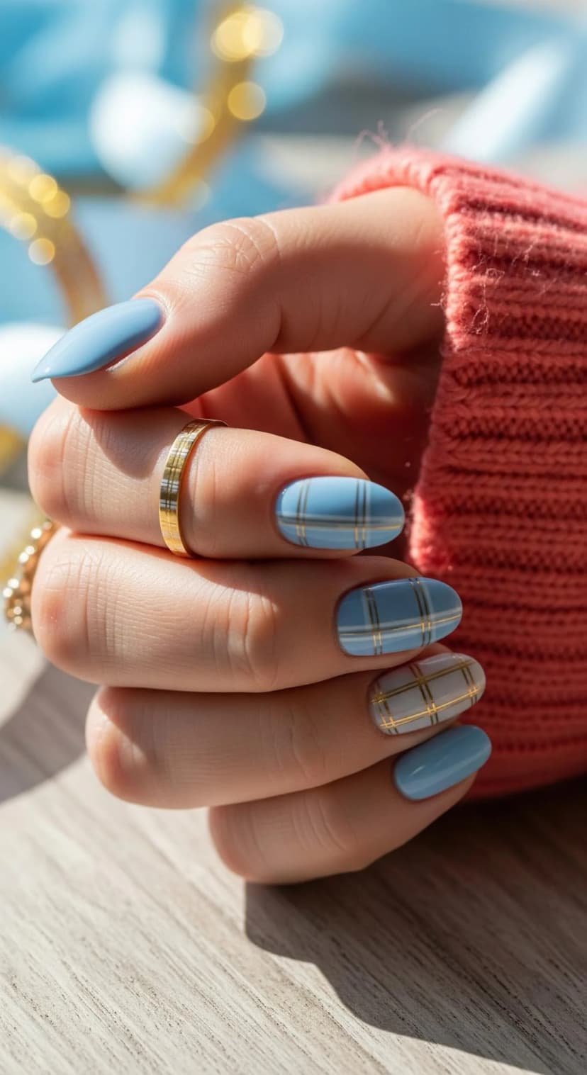 Powder Blue Plaid + Gold Foil Accents