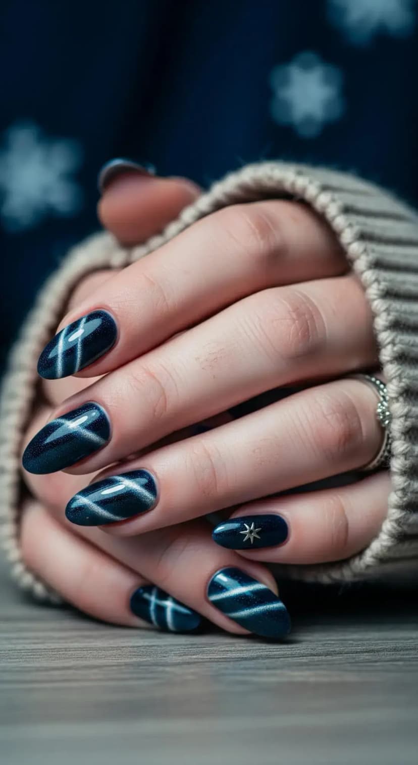 Midnight Navy Cat Eye Winter Nails