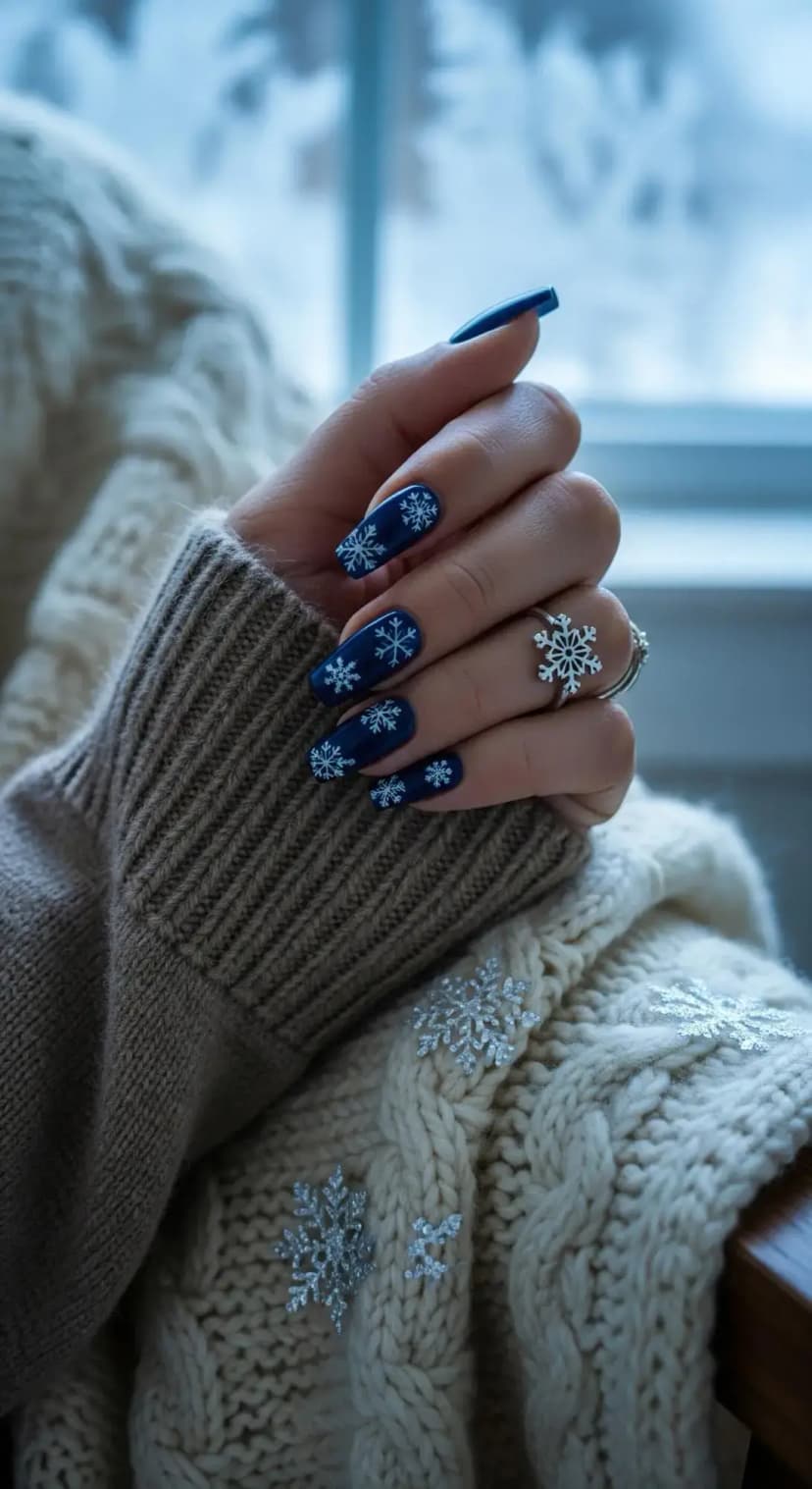 Inky Blue Snowflake Winter Nails