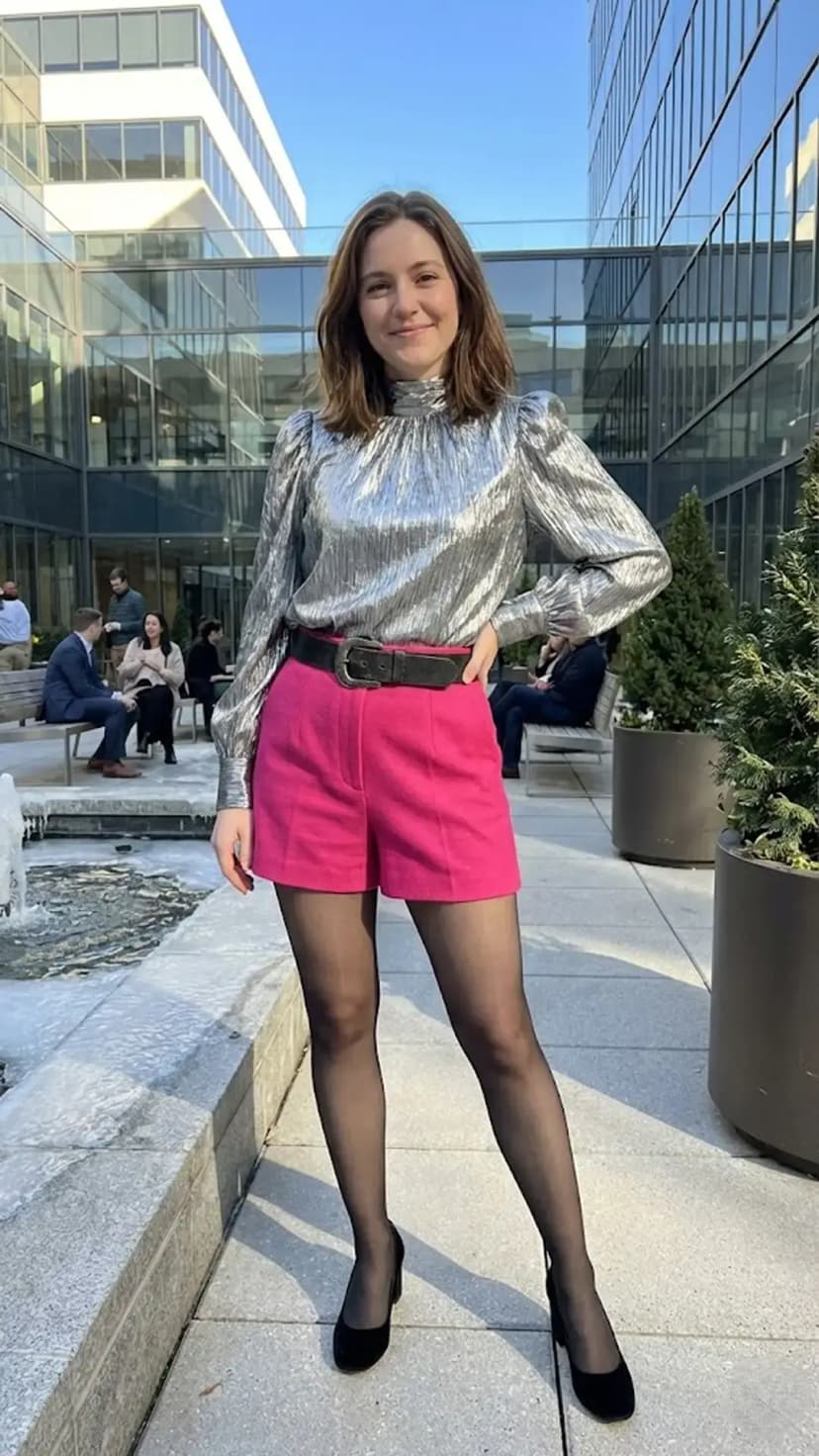 Metallic Silver Top + Hot Pink Shorts + Black Tights