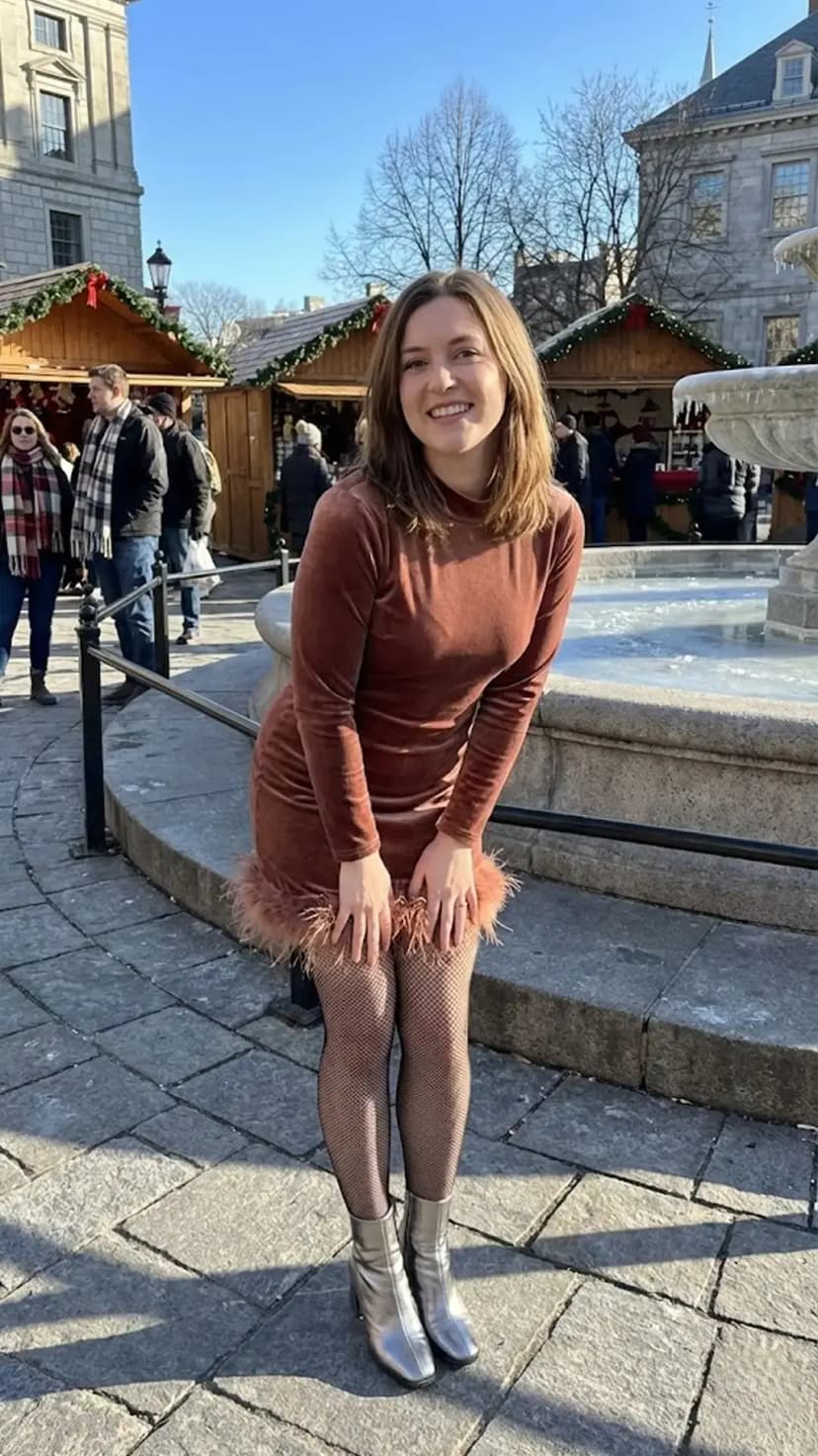 Brown Velvet Mini Dress + Fishnet Tights + Silver Boots