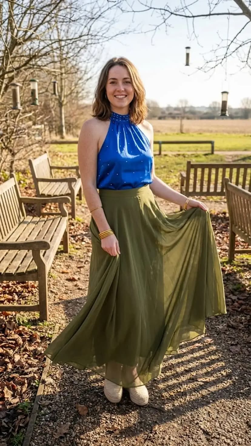 Blue Halter Top + Olive Maxi Skirt + Neutral Espadrilles