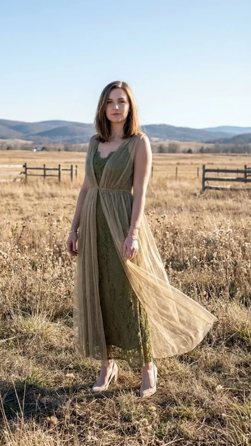 Olive Lace Maxi Dress + Sheer Tulle Overlay + Nude Pumps