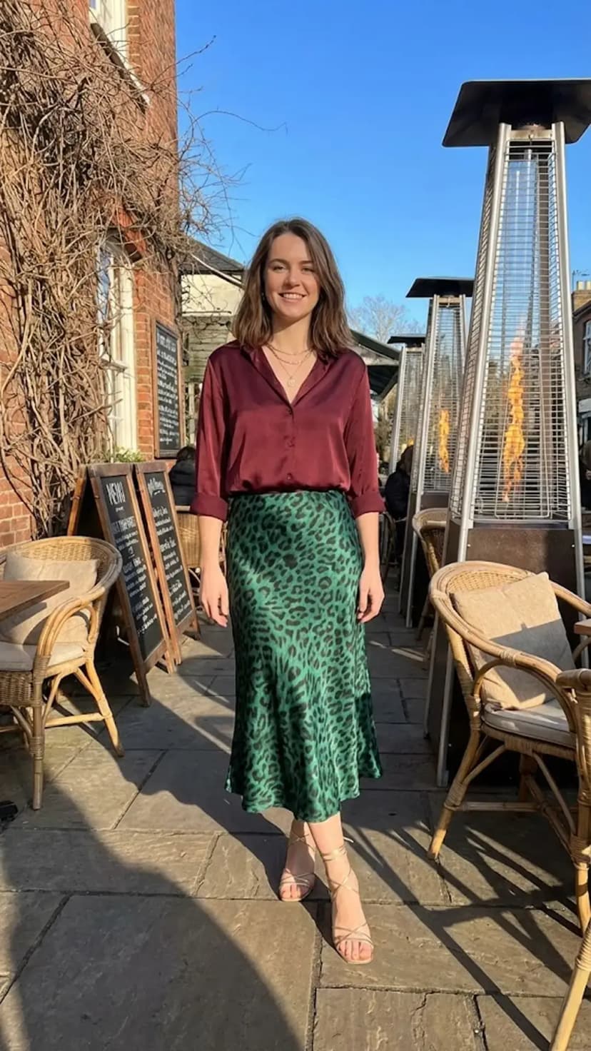 Burgundy Satin Blouse + Green Leopard Midi Skirt + Strappy Nude Heels