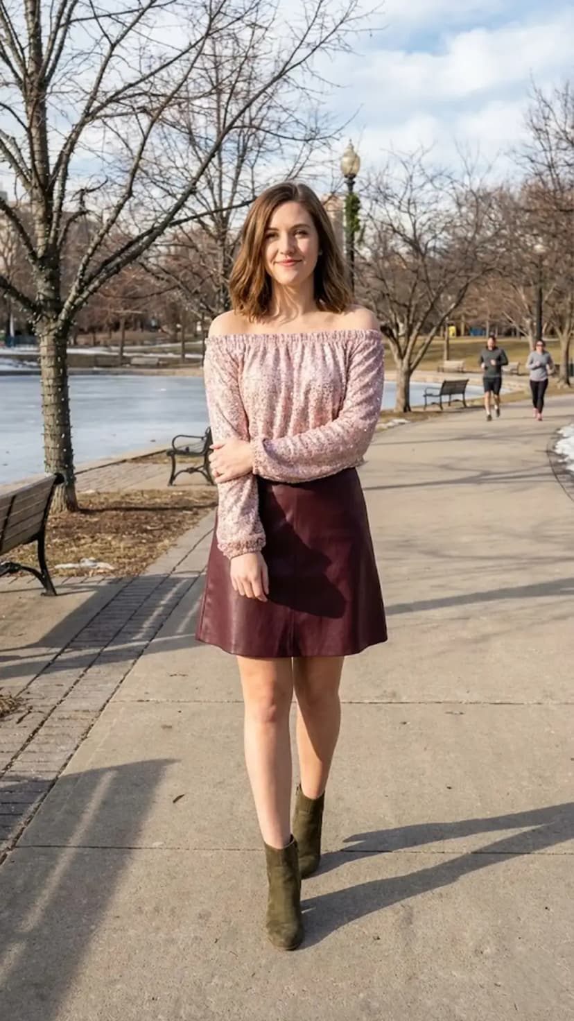 Pink Off Shoulder Top + Burgundy Leather Skirt + Olive Booties