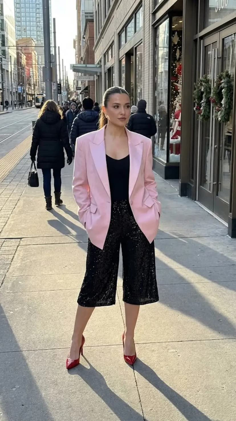 Light Pink Blazer + Black Bodysuit + Black Sequin Culottes + Red Pumps