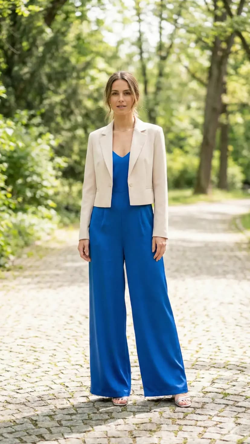 Blue Satin Jumpsuit + Ivory Cropped Blazer