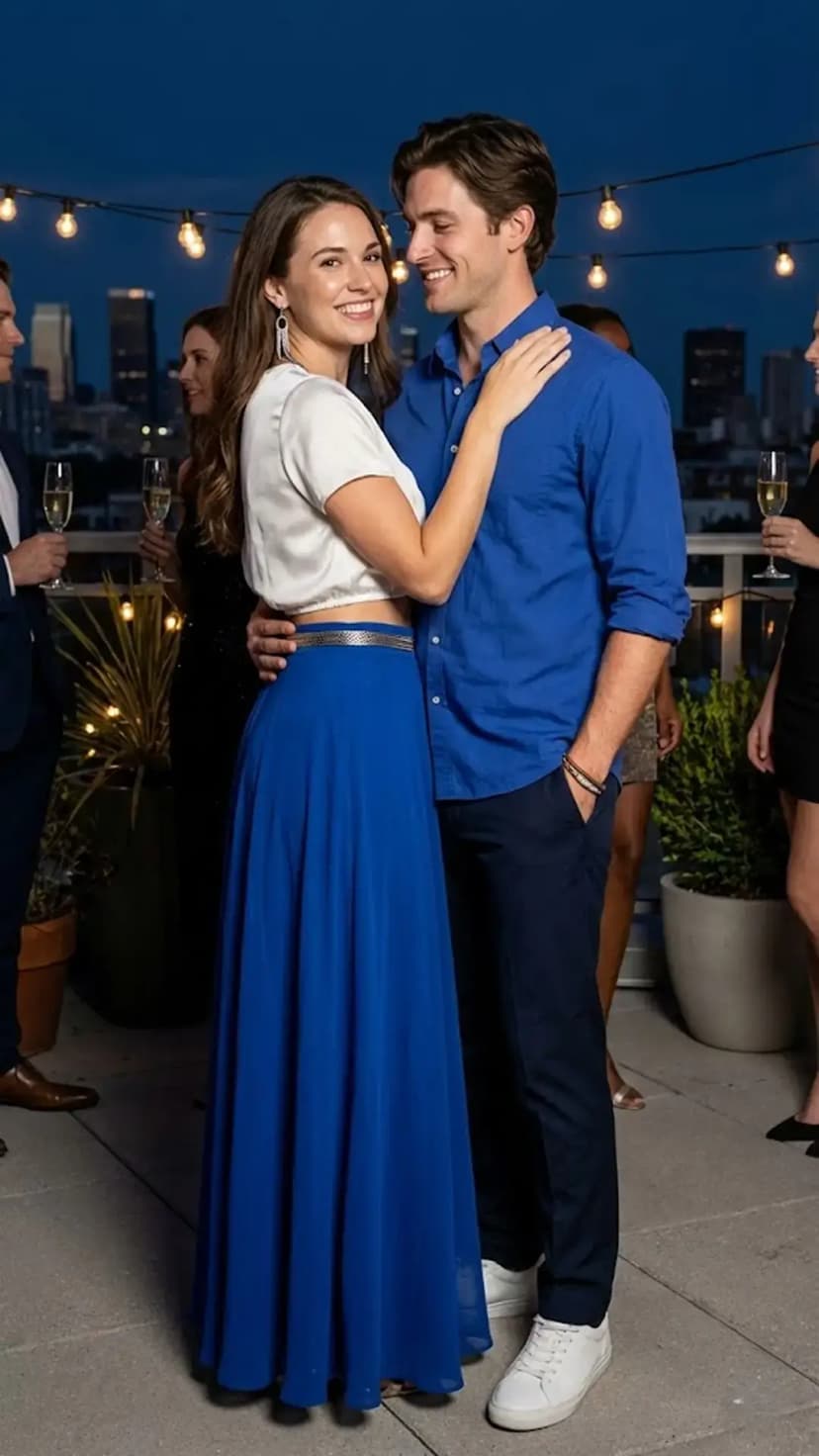 Satin Crop Top + Royal Blue Maxi Skirt + Blue Button-Up Shirt + Navy Chinos
