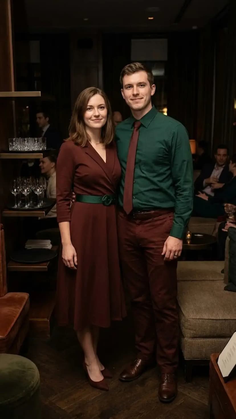 Burgundy Wrap Dress + Green Belt + Green Shirt + Burgundy Pants