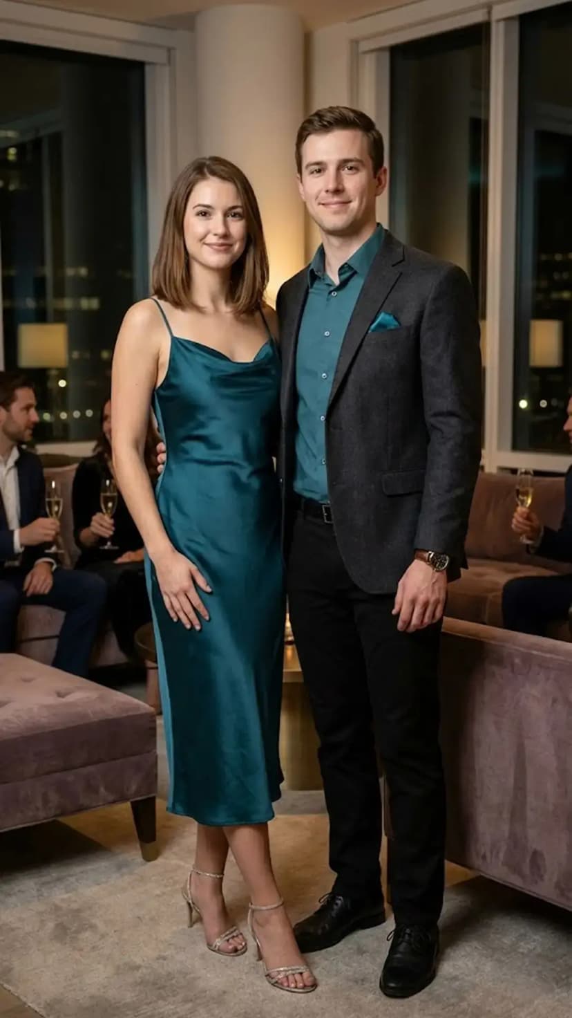 Teal Satin Slip Dress + Silver Heels + Teal Shirt + Charcoal Blazer