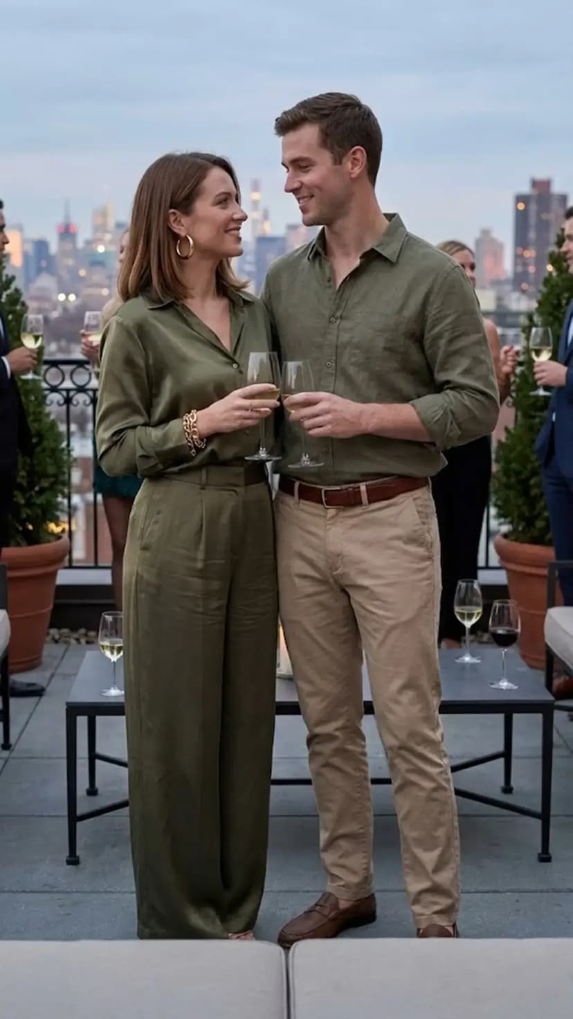 Olive Satin Co-ord + Gold Bracelet + Olive Shirt + Khaki Chinos