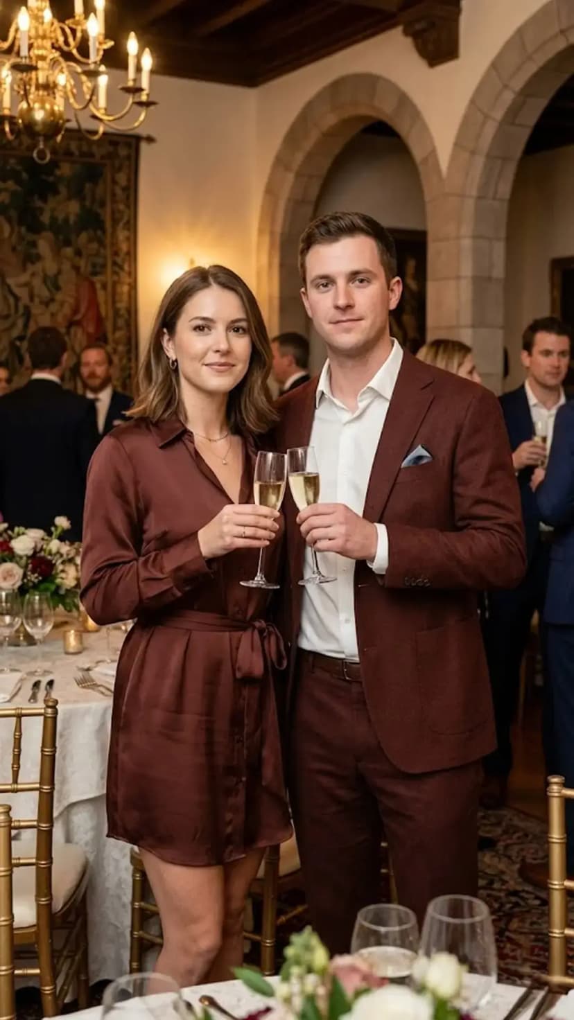 Copper Satin Shirt Dress + Brown Suit + White Shirt