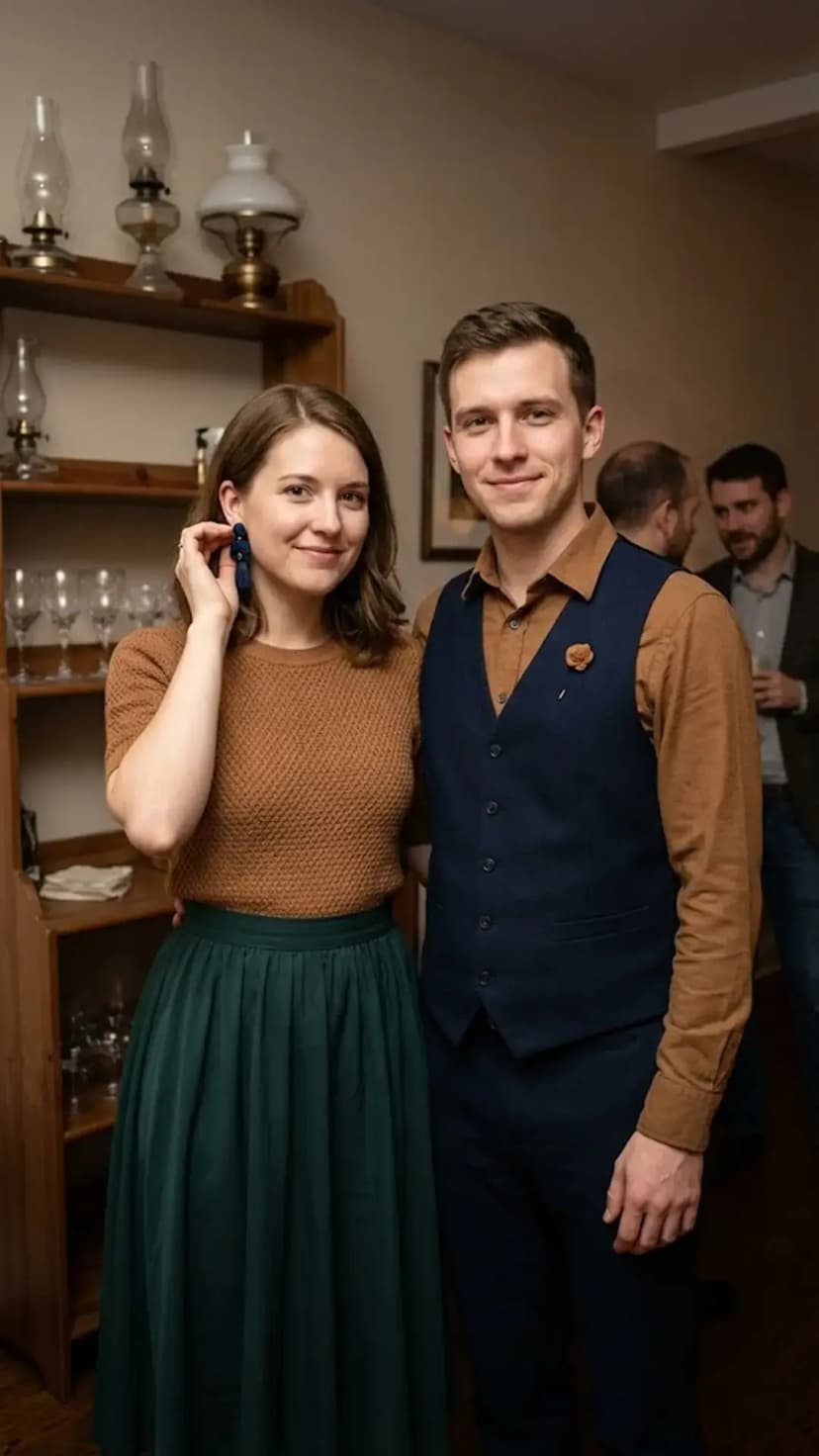 Camel Textured Top + Emerald Midi Skirt + Navy Vest + Camel Shirt