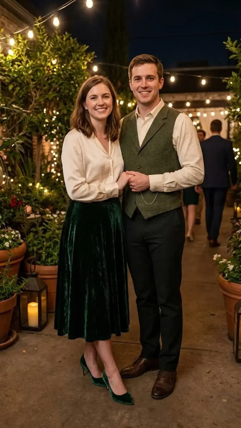 Ivory Blouse + Emerald Velvet Midi Skirt + Green Vest + Cream Shirt
