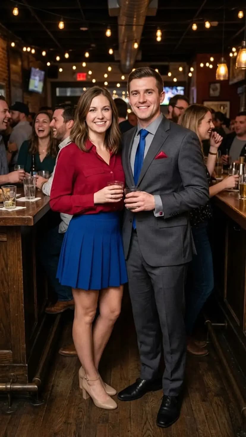 Red Shirt + Pleated Blue Mini Skirt + Grey Suit + Blue Tie