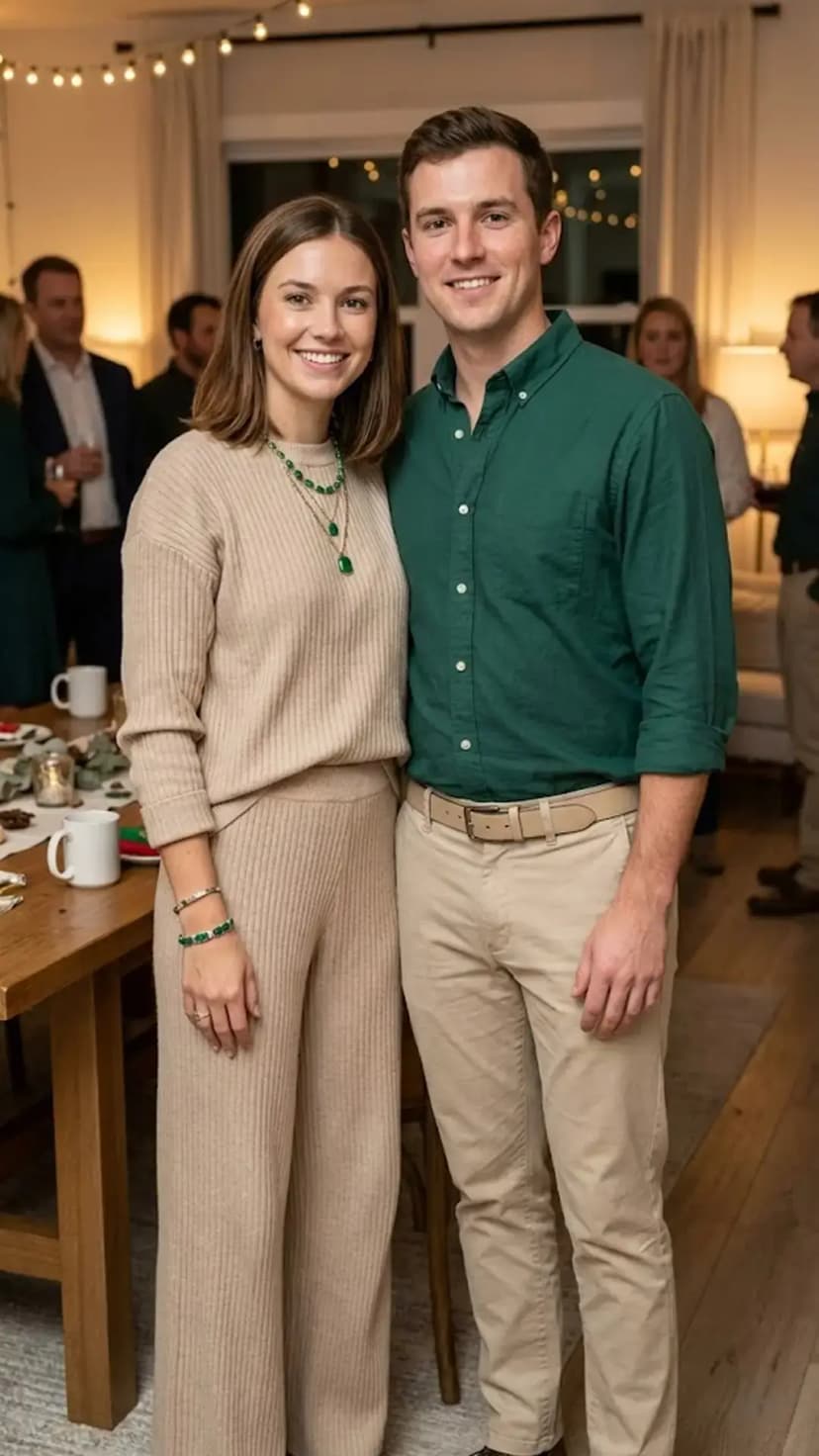 Cream Knit Co-ord + Green Jewelry + Green Shirt + Khaki Chinos