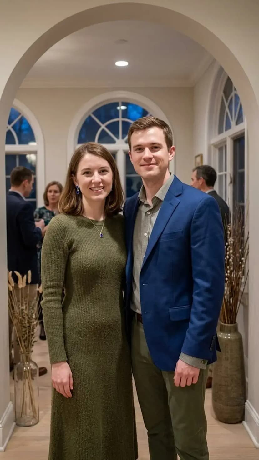 Olive Sweater Dress + Blue Jewelry + Blue Blazer + Olive Chinos