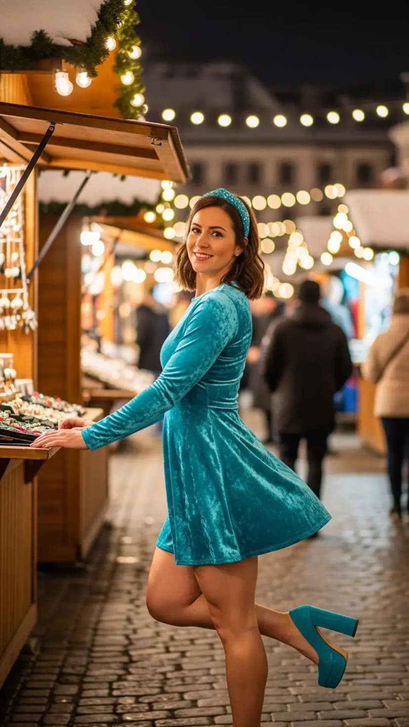 Turquoise Velvet Skater Dress + Teal Platform Pumps