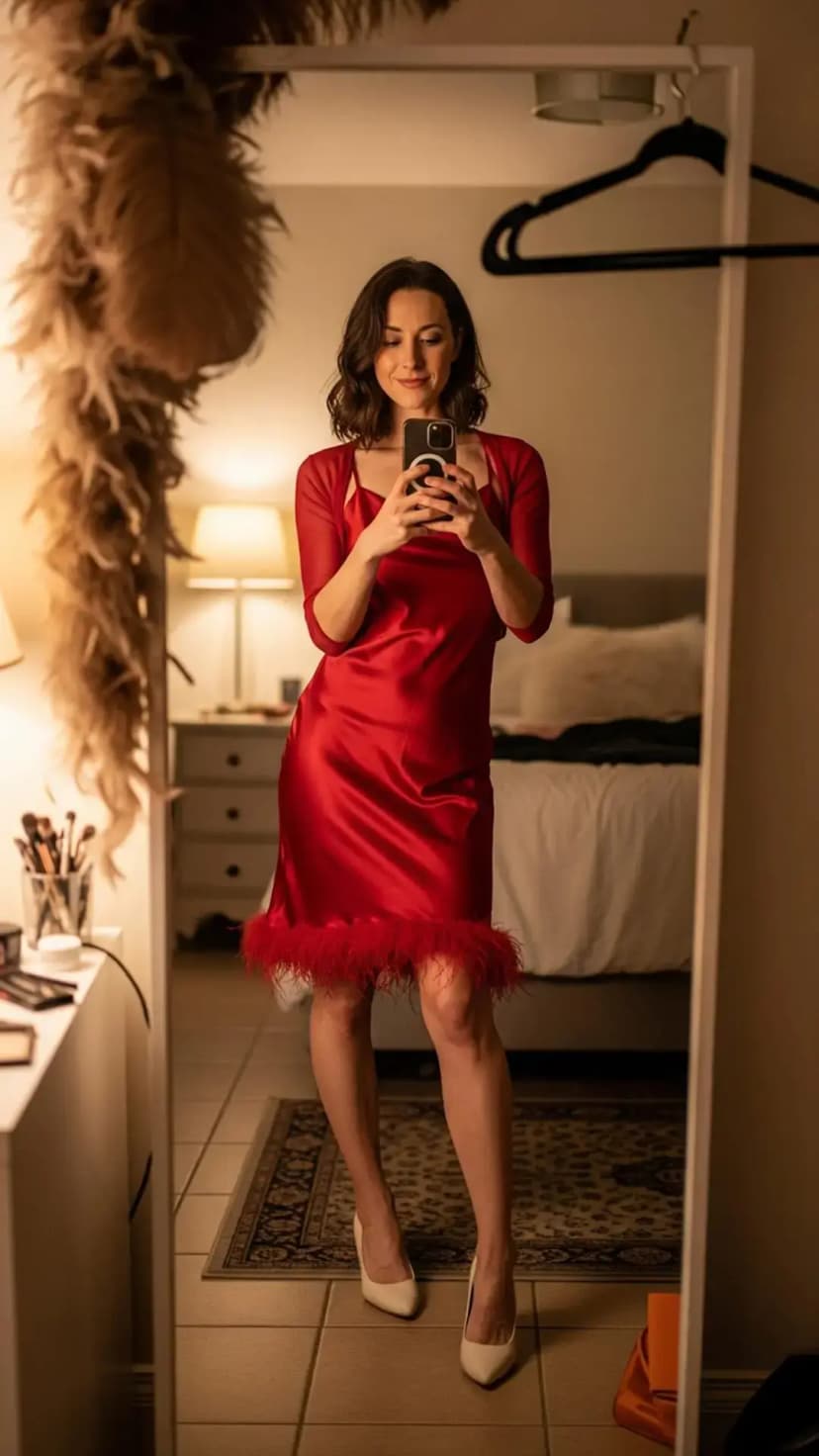 Red Satin Feather-Trim Dress + Red Bolero + White Pumps