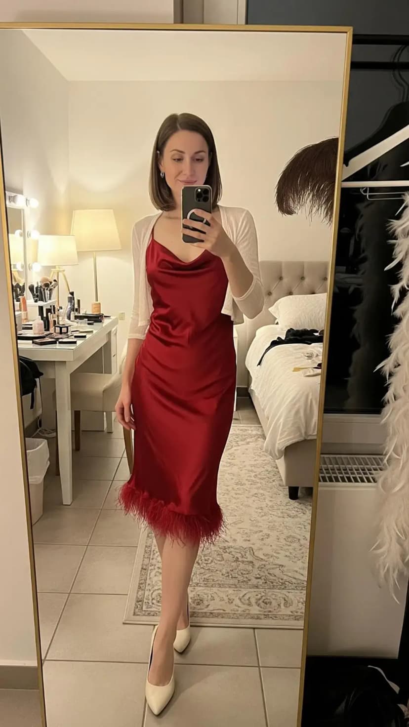 Red Satin Feather-Trim Dress + Cream Bolero + White Pumps