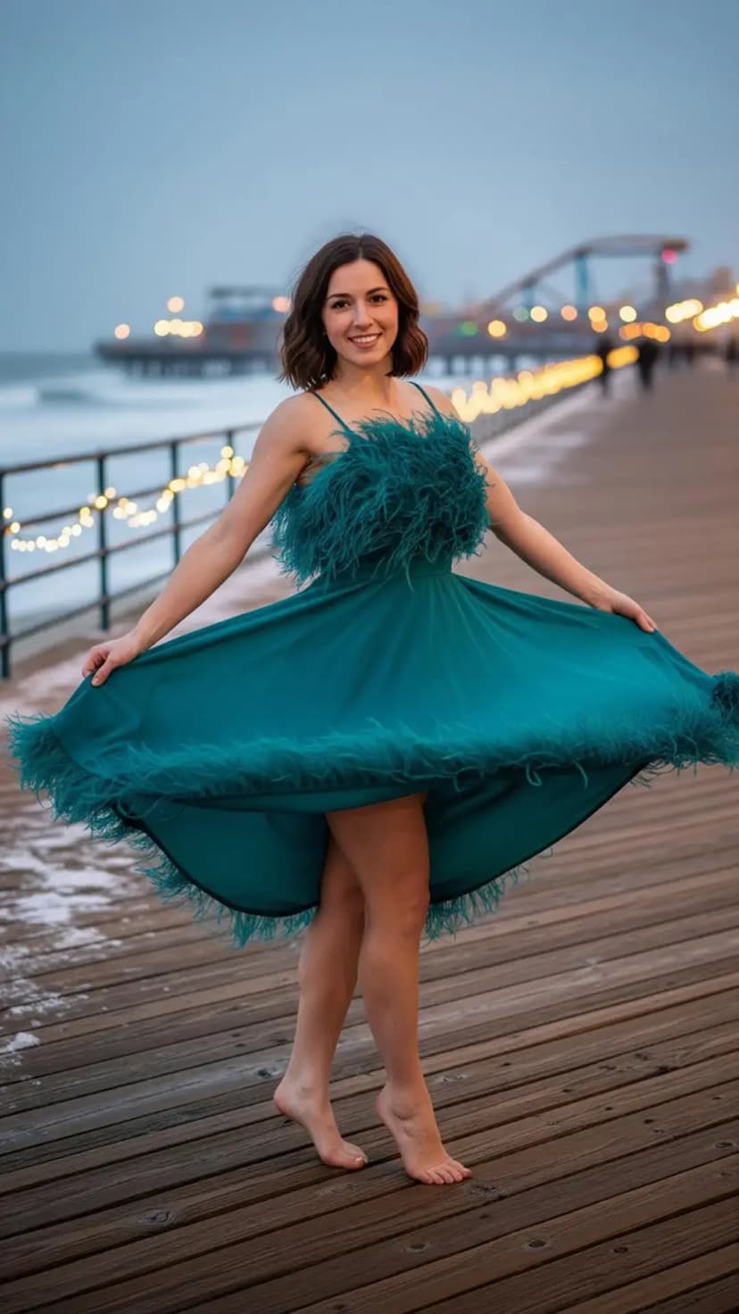 Teal Feather-Trimmed Midi Dress + Barefoot (or Nude Sandals)