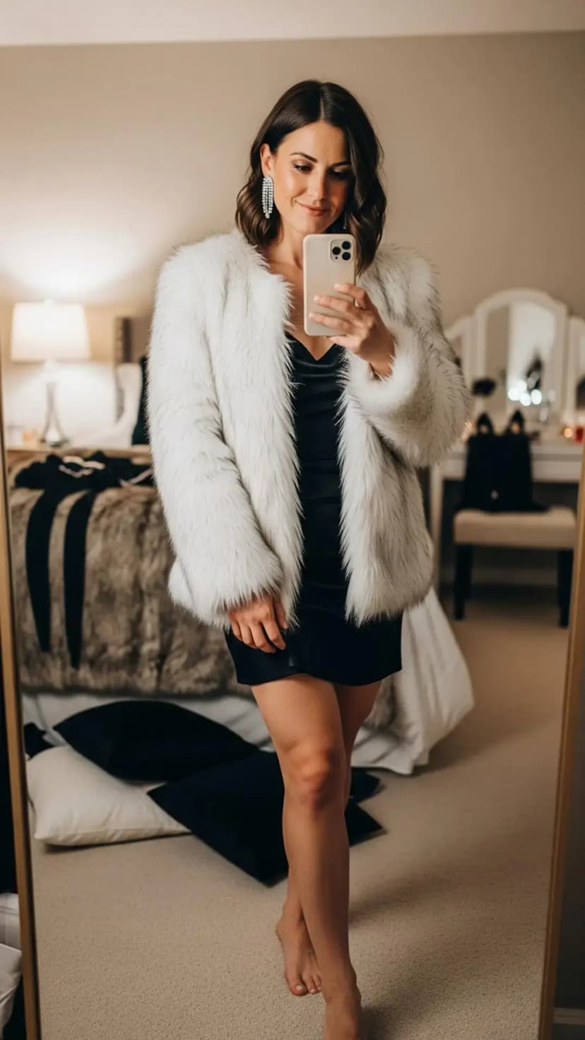 Black Satin Slip Dress + White Faux Fur Coat + Statement Crystal Earrings