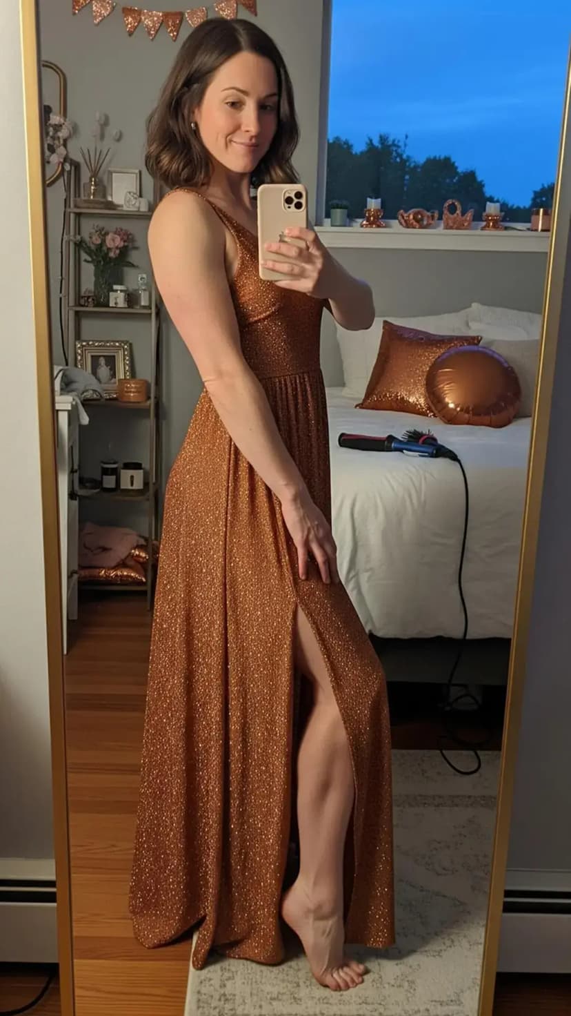 Metallic Copper Maxi Dress + Thigh-High Slit