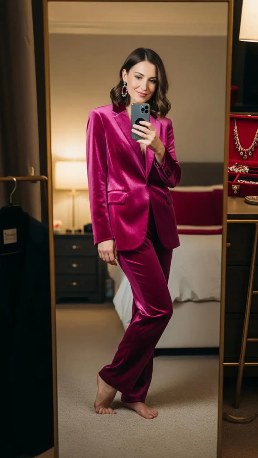 Magenta Velvet Blazer + Matching Trousers + Crystal Drop Earrings
