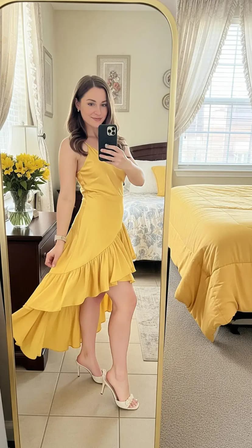 Yellow Asymmetrical Ruffle Dress + White Slide Heels