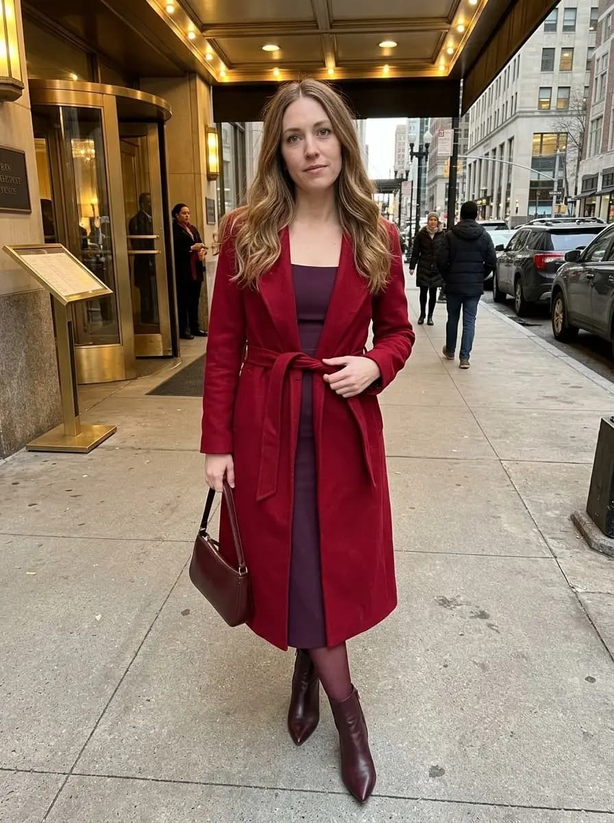 Rich red belted coat layered over a plum midi dress with burgundy tights and ankle boots