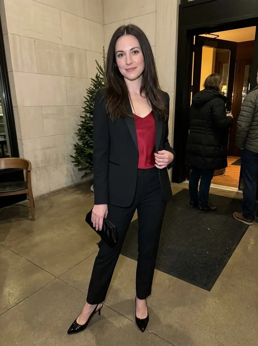 Cranberry-red satin camisole layered under a fitted black suit with patent slingbacks