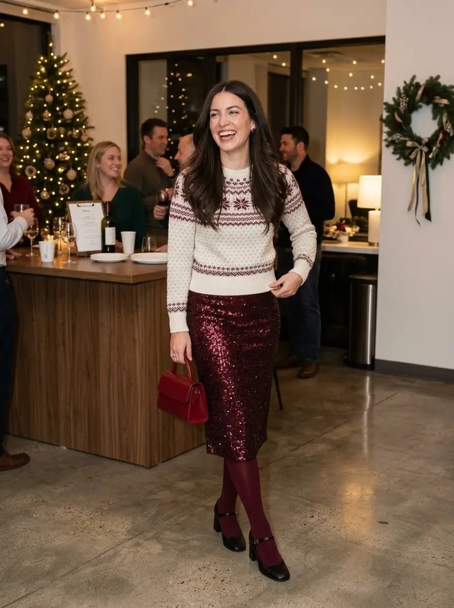 Cream Fair Isle sweater paired with a burgundy sequin midi skirt and burgundy tights