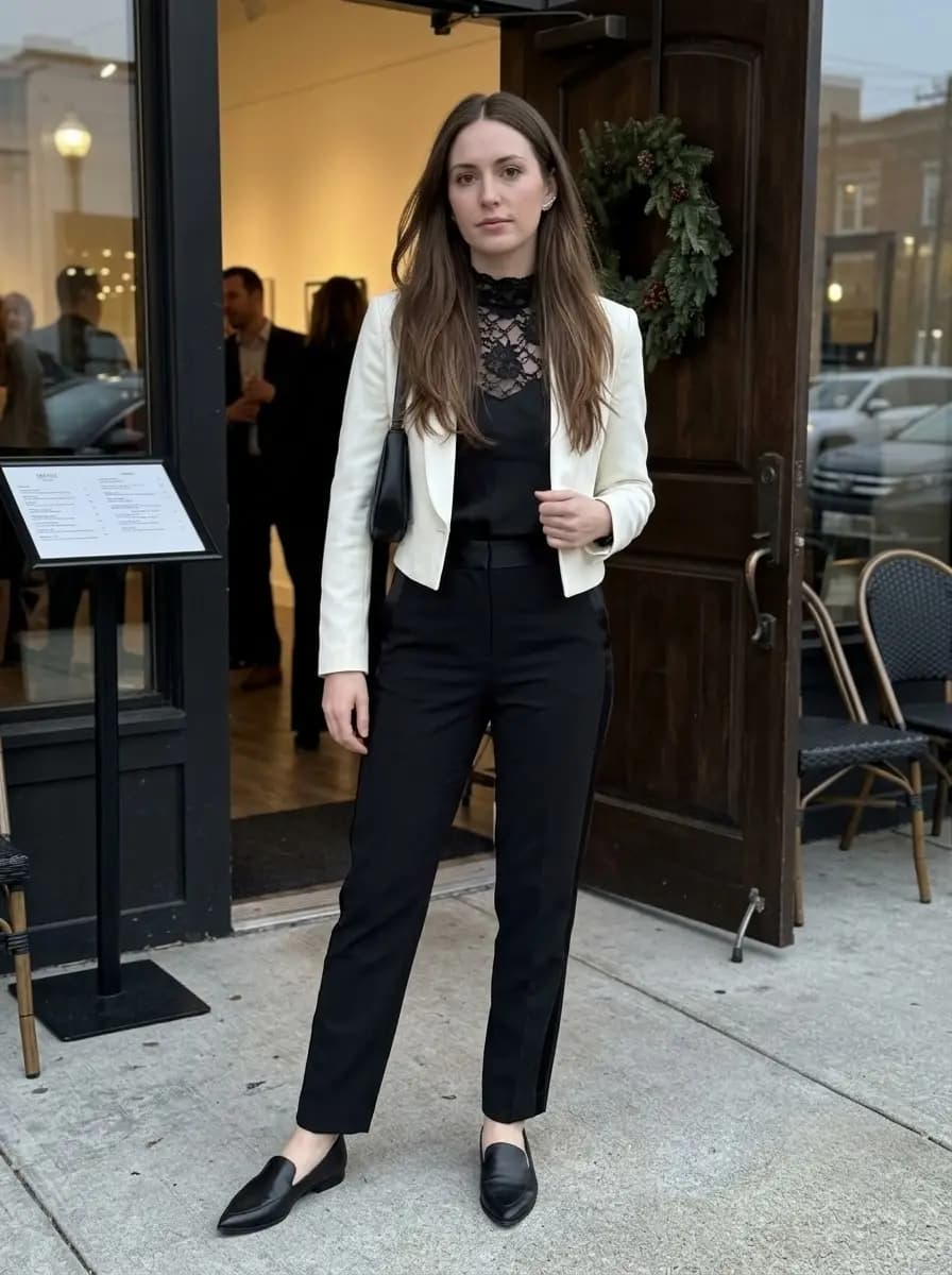 Cropped ivory blazer layered over high-neck black lace top and black tailored trousers