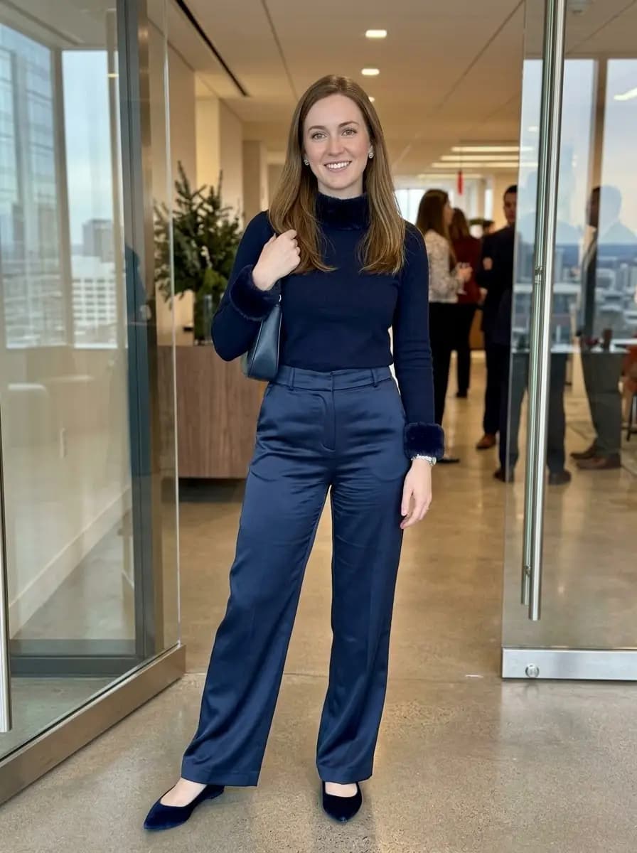 Navy mock-neck top with faux-fur trim paired with navy wide-leg satin trousers