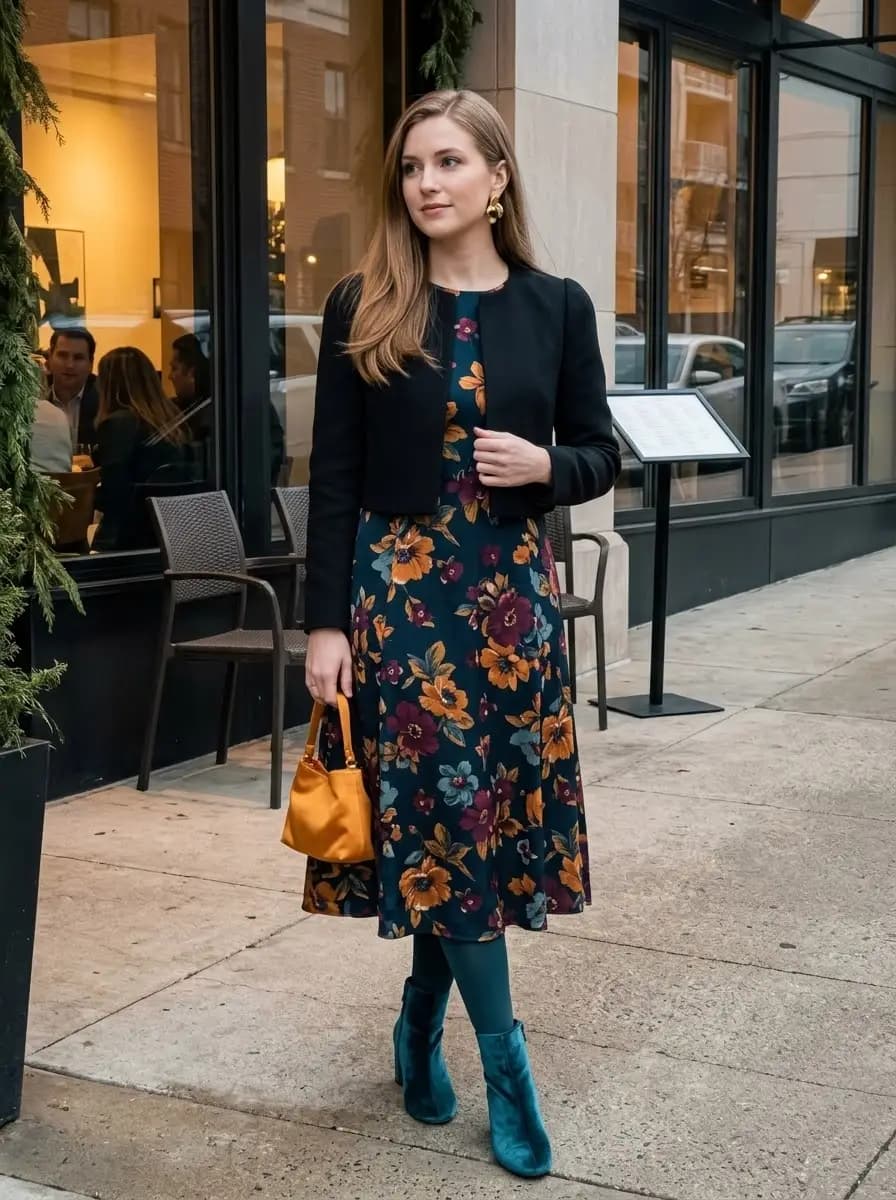 Dark floral midi dress layered under a short black jacket with teal tights and velvet boots