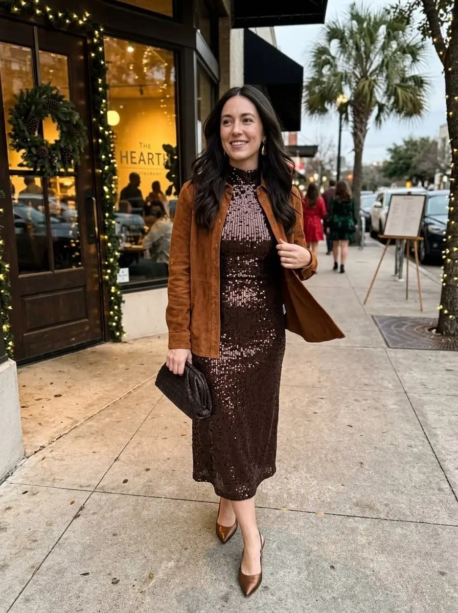 Chocolate-brown sequin midi dress layered under a cognac suede jacket with bronze pumps