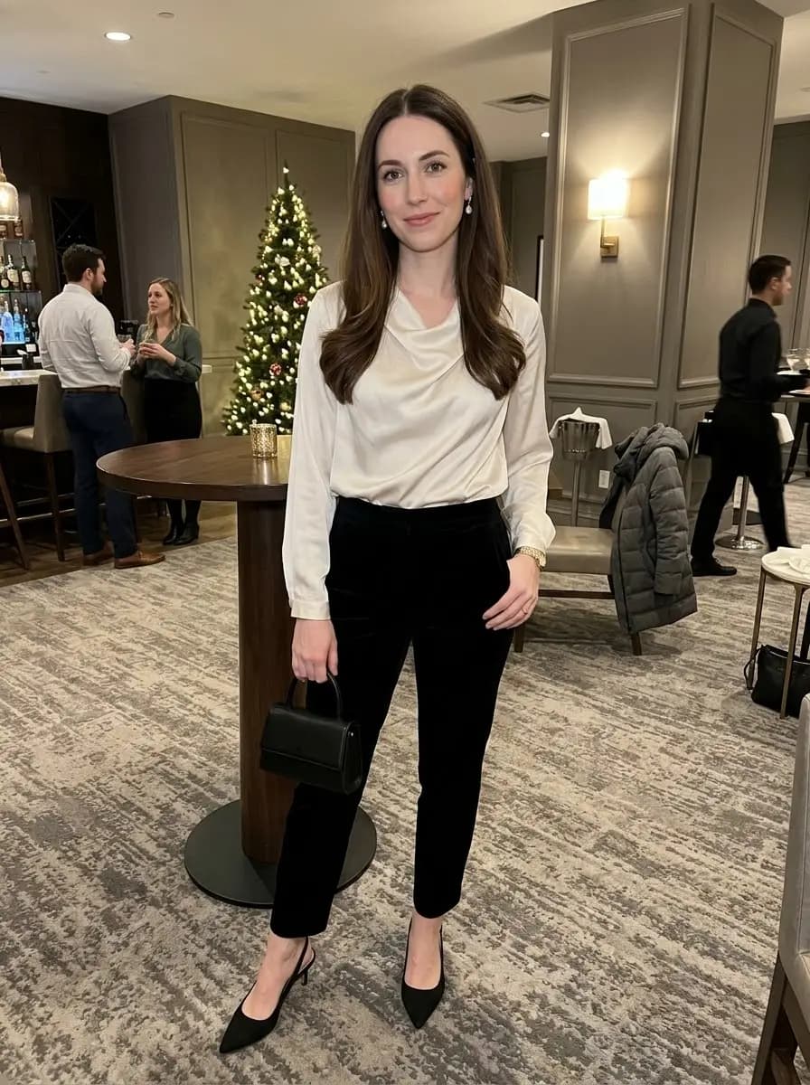 Draped ivory satin blouse tucked into slim black ankle trousers with pointed slingbacks